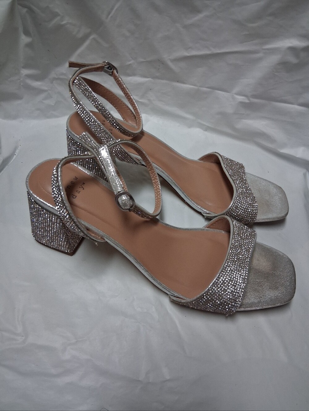 A New Day Women's Silver Ankle-Strap Block Heel Sandals with Rhinestones Sz 10